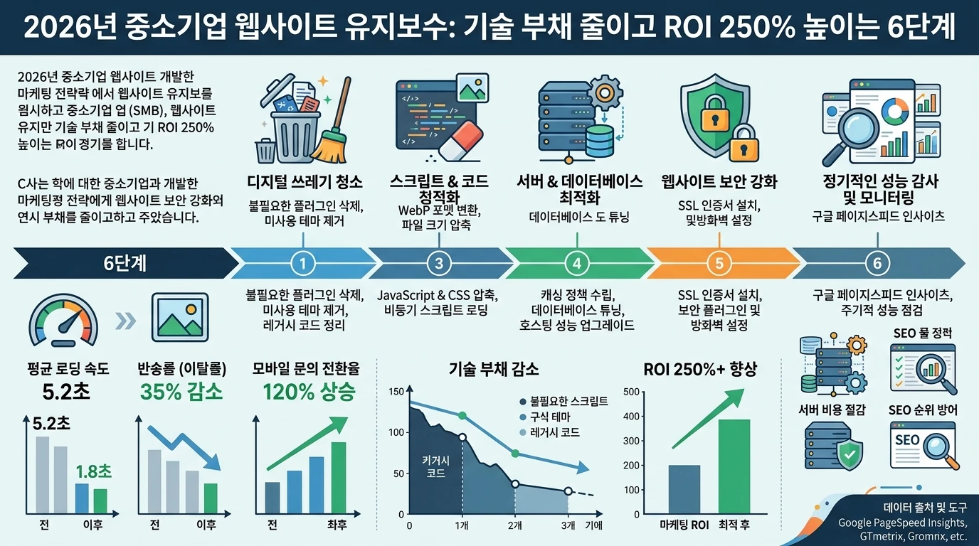 웹사이트 리뉴얼 구조와 답변형 검색 최적화 점검 화면을 함께 보여주는 웹 개발 전략 이미지